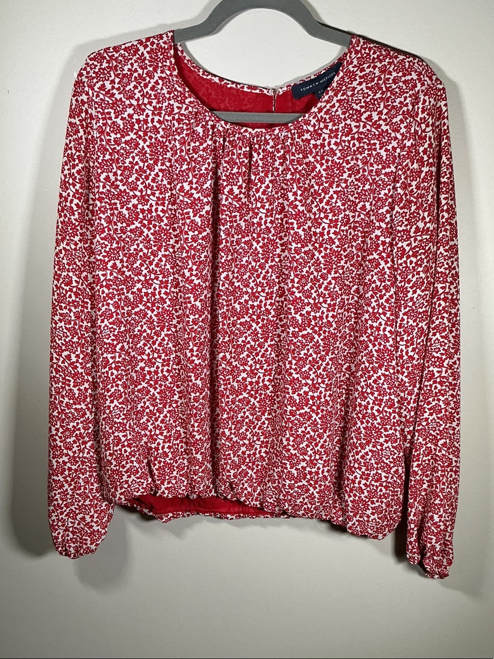 Tommy Hilfiger Red White Floral Long Sleeve Peasant Blouse Size Large
